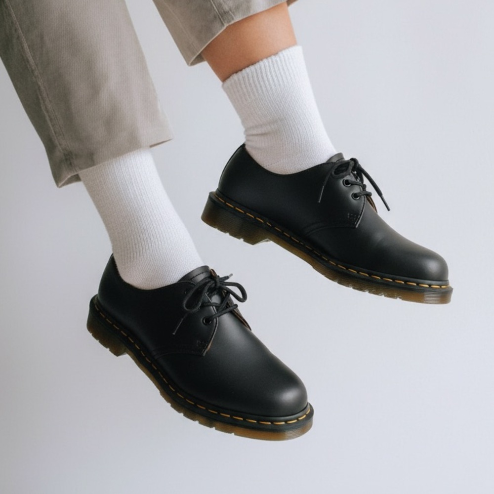 Dr. Martens Woman’s 9 or Men’s 8 Black Leather Derbys with Yellow Stitching - Picture 2 of 16